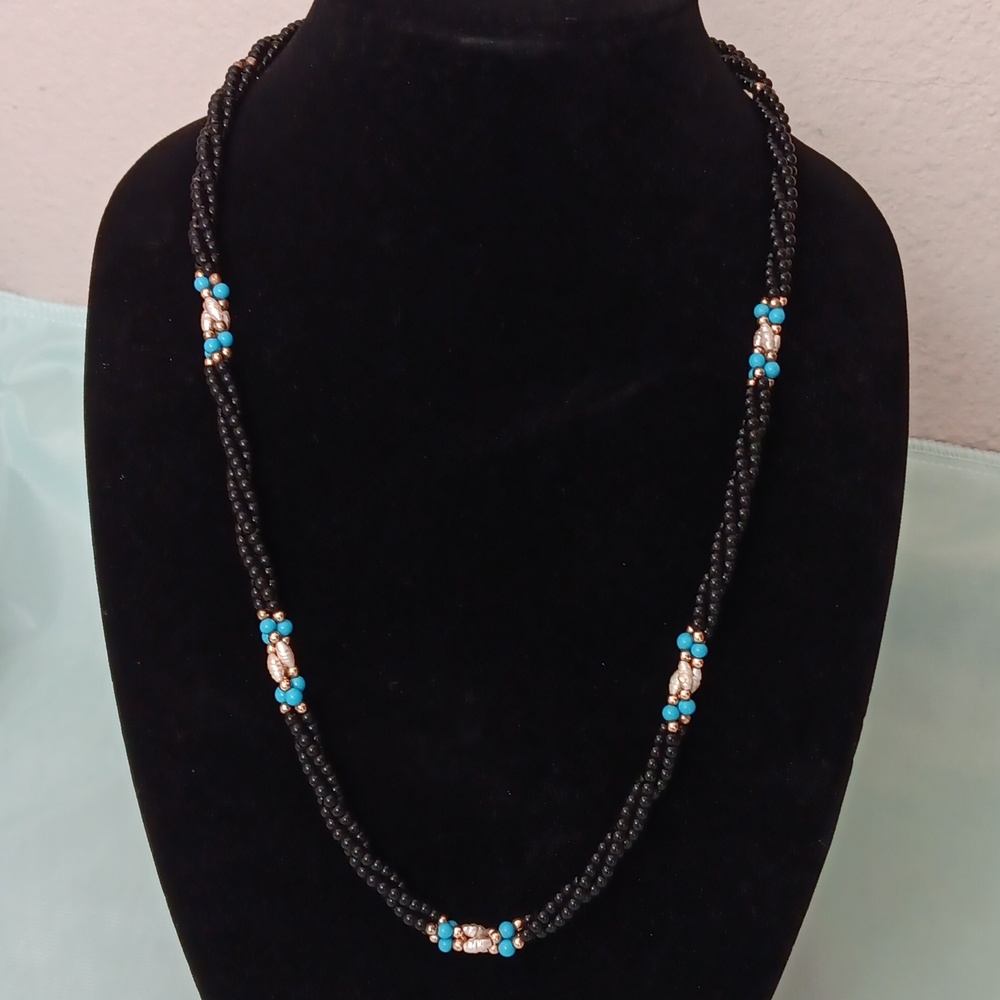Beaded necklace fresh water pearls turquoise beads 26"